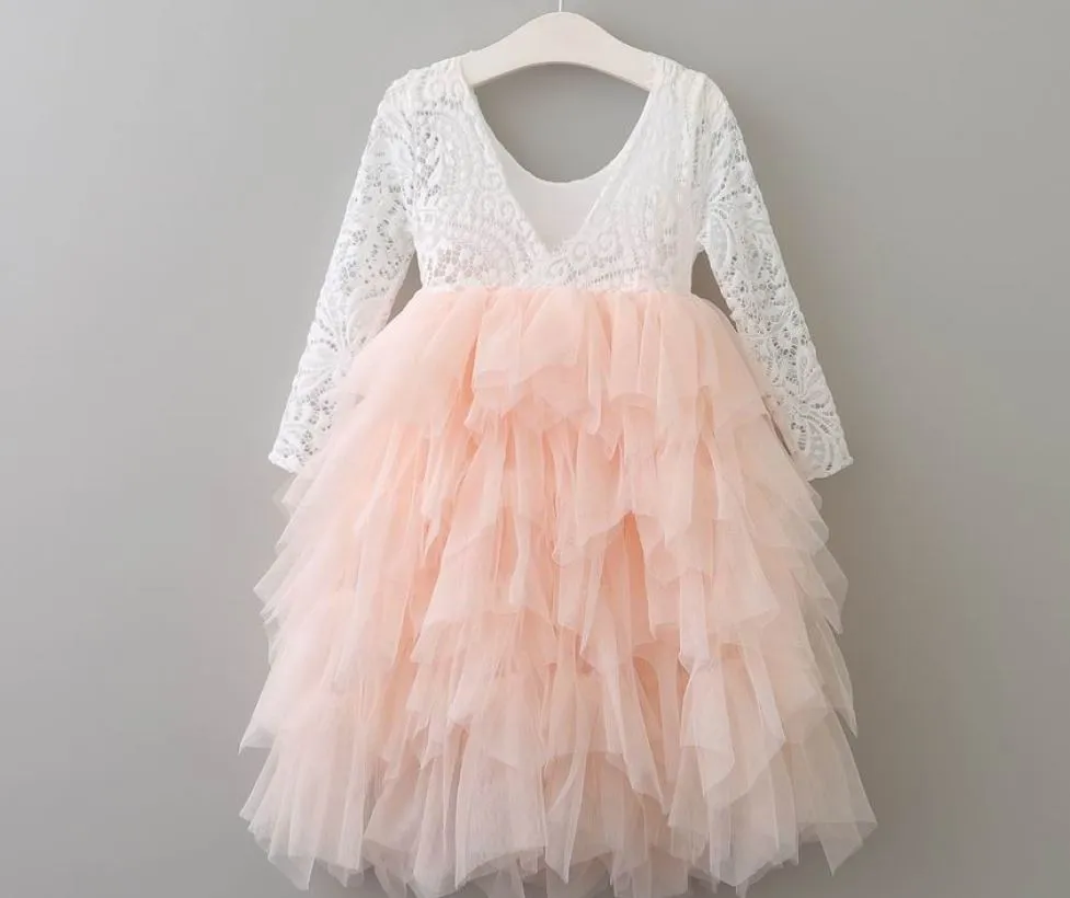 Kryssi Kouture White Eyelash Lace Long Sleeve with a Blush Tulle Skirt Flower Girl and Birthday Dress