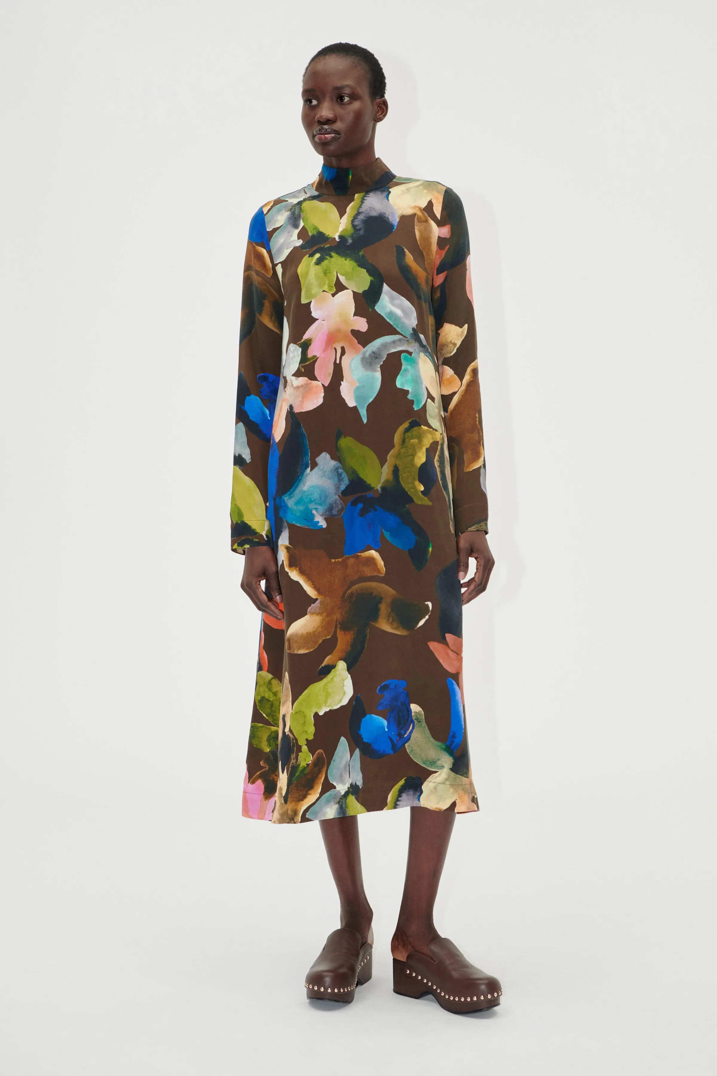 Long Sleeve Midi Dress - Aquarelle Garden