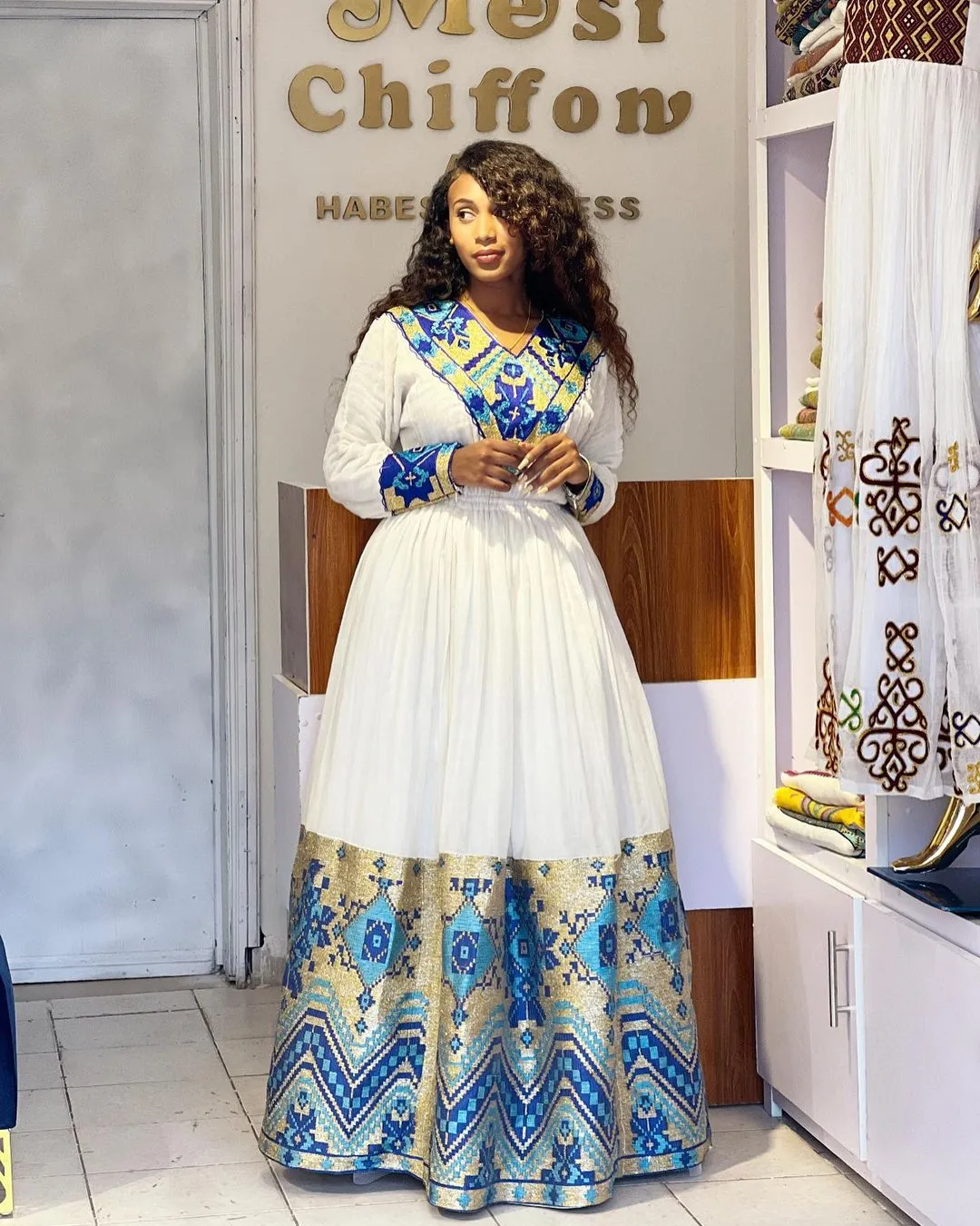 Magical Blue Traditional Ethiopian Dress: with Geometrical Golden Adornments Habesha Dress Stunning Habesha Kemis