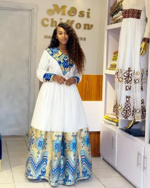 Magical Blue Traditional Ethiopian Dress: with Geometrical Golden Adornments Habesha Dress Stunning Habesha Kemis