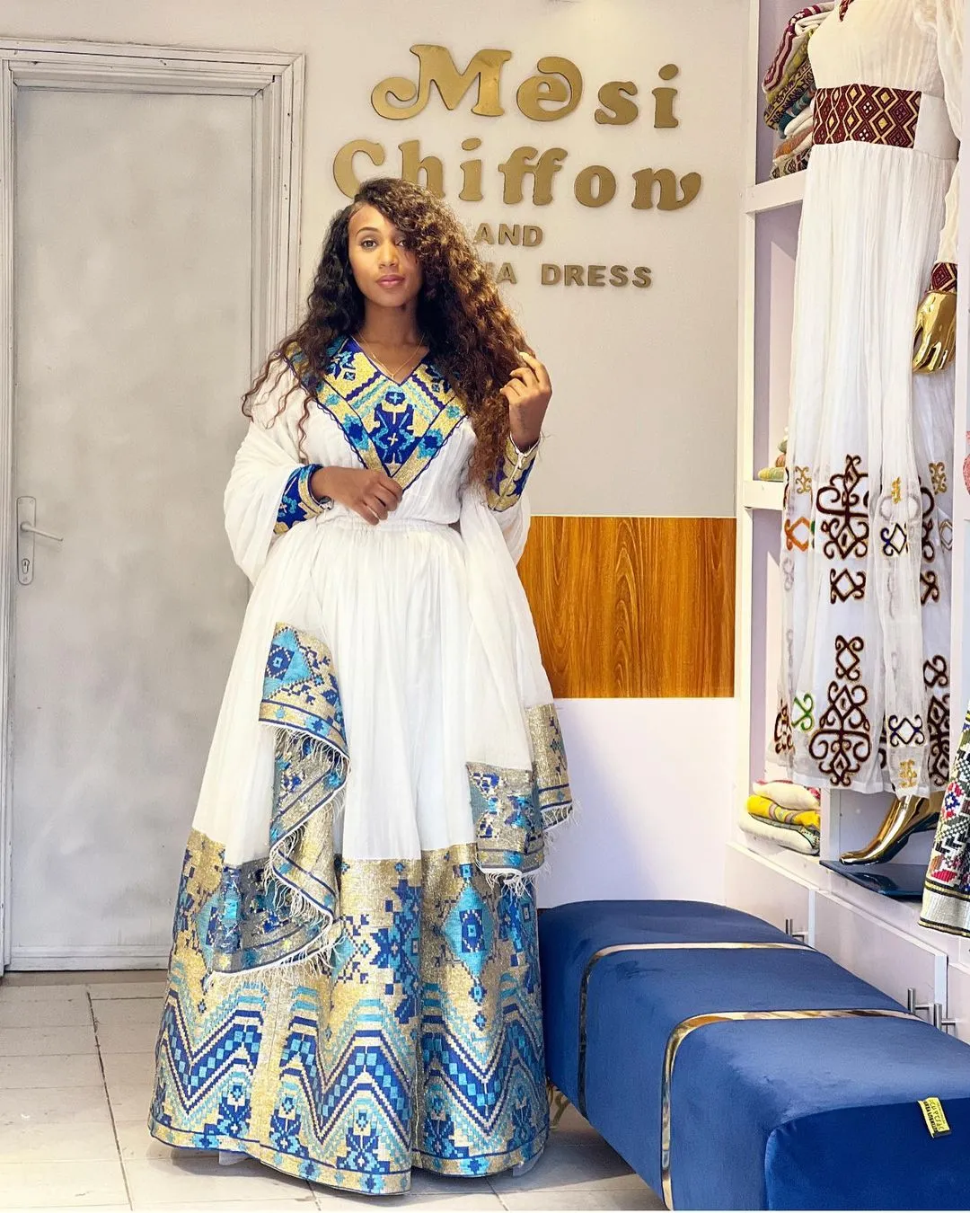 Magical Blue Traditional Ethiopian Dress: with Geometrical Golden Adornments Habesha Dress Stunning Habesha Kemis