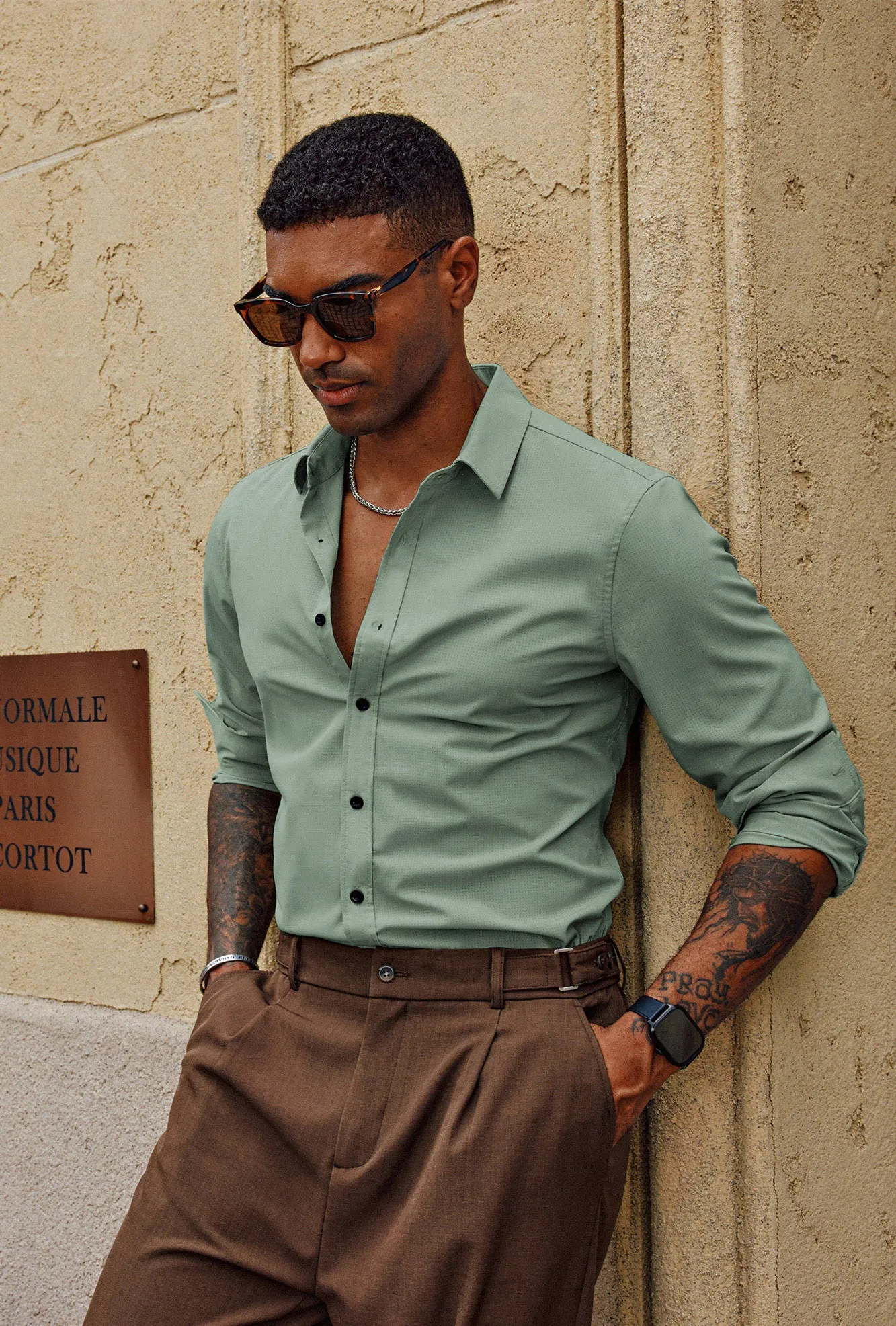 Men Stylish Shirt Long Sleeve Classic Collar Curved Hem Button-up Tops