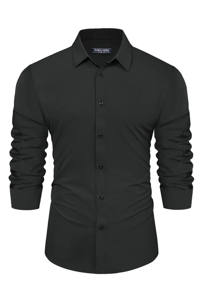 Men Stylish Shirt Long Sleeve Classic Collar Curved Hem Button-up Tops