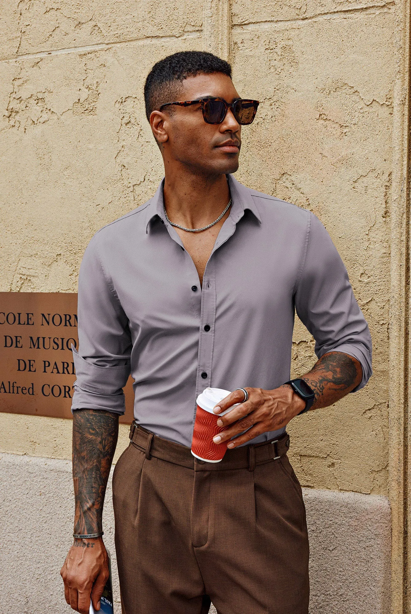 Men Stylish Shirt Long Sleeve Classic Collar Curved Hem Button-up Tops