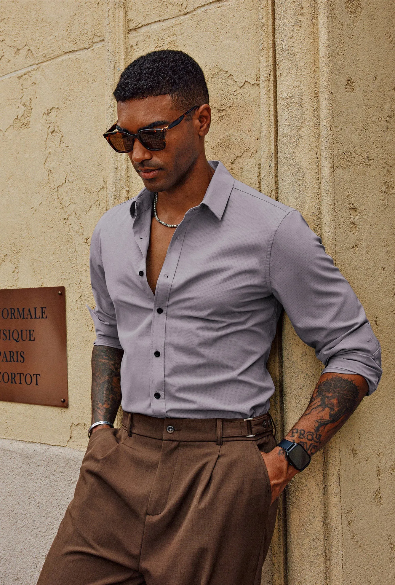 Men Stylish Shirt Long Sleeve Classic Collar Curved Hem Button-up Tops