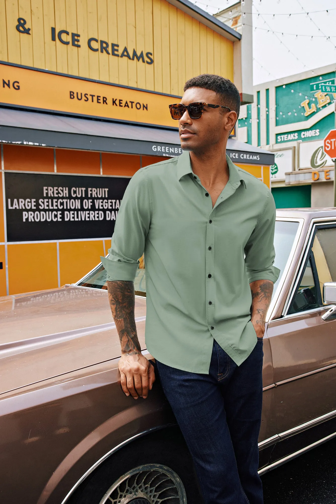 Men Stylish Shirt Long Sleeve Classic Collar Curved Hem Button-up Tops