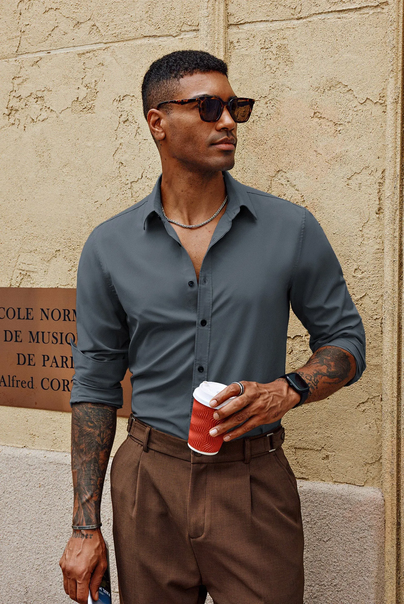 Men Stylish Shirt Long Sleeve Classic Collar Curved Hem Button-up Tops