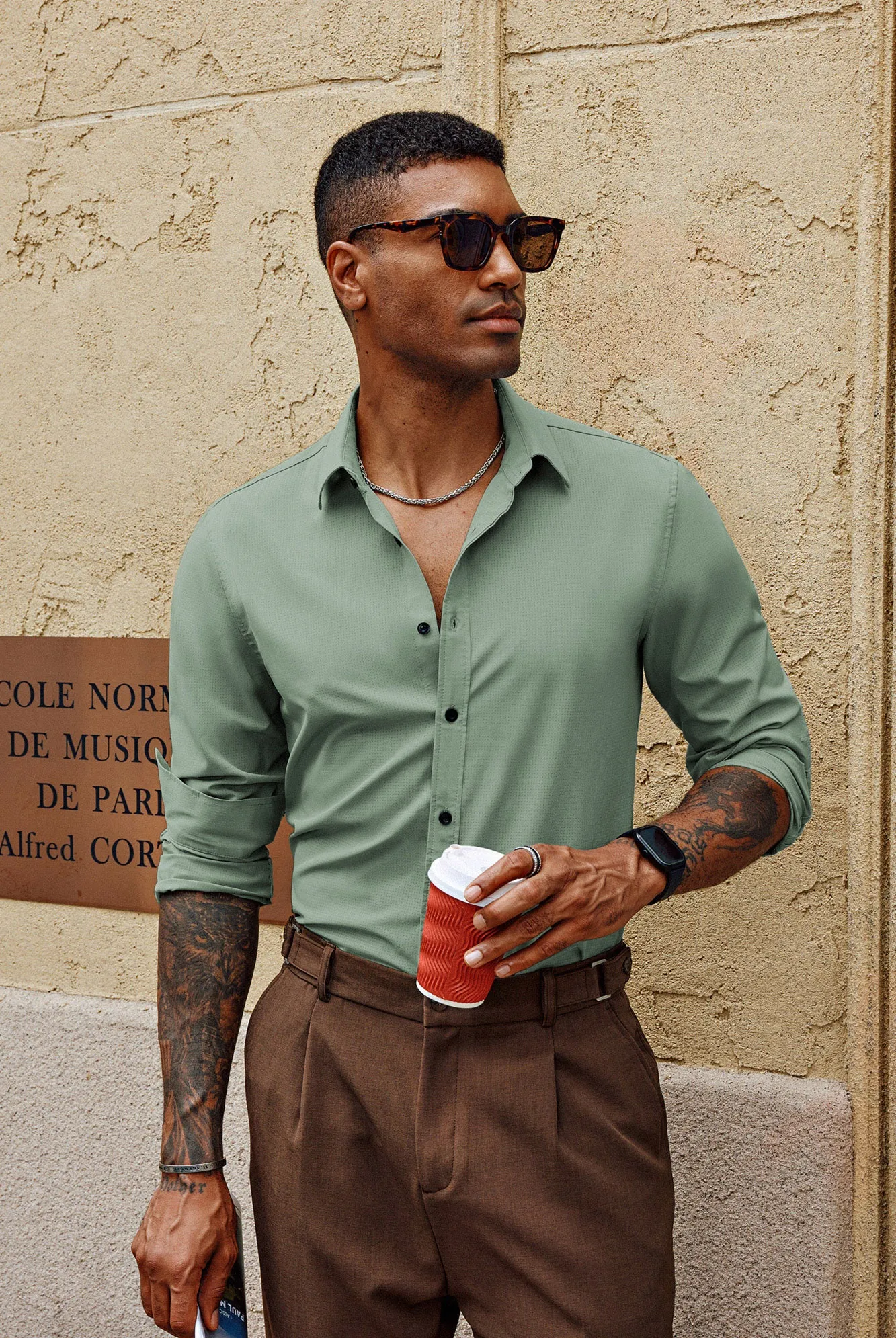 Men Stylish Shirt Long Sleeve Classic Collar Curved Hem Button-up Tops