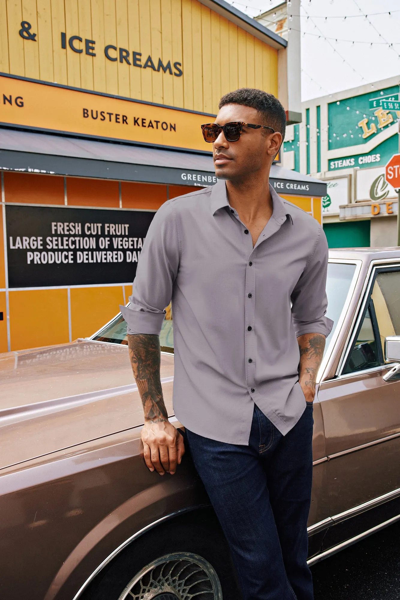 Men Stylish Shirt Long Sleeve Classic Collar Curved Hem Button-up Tops