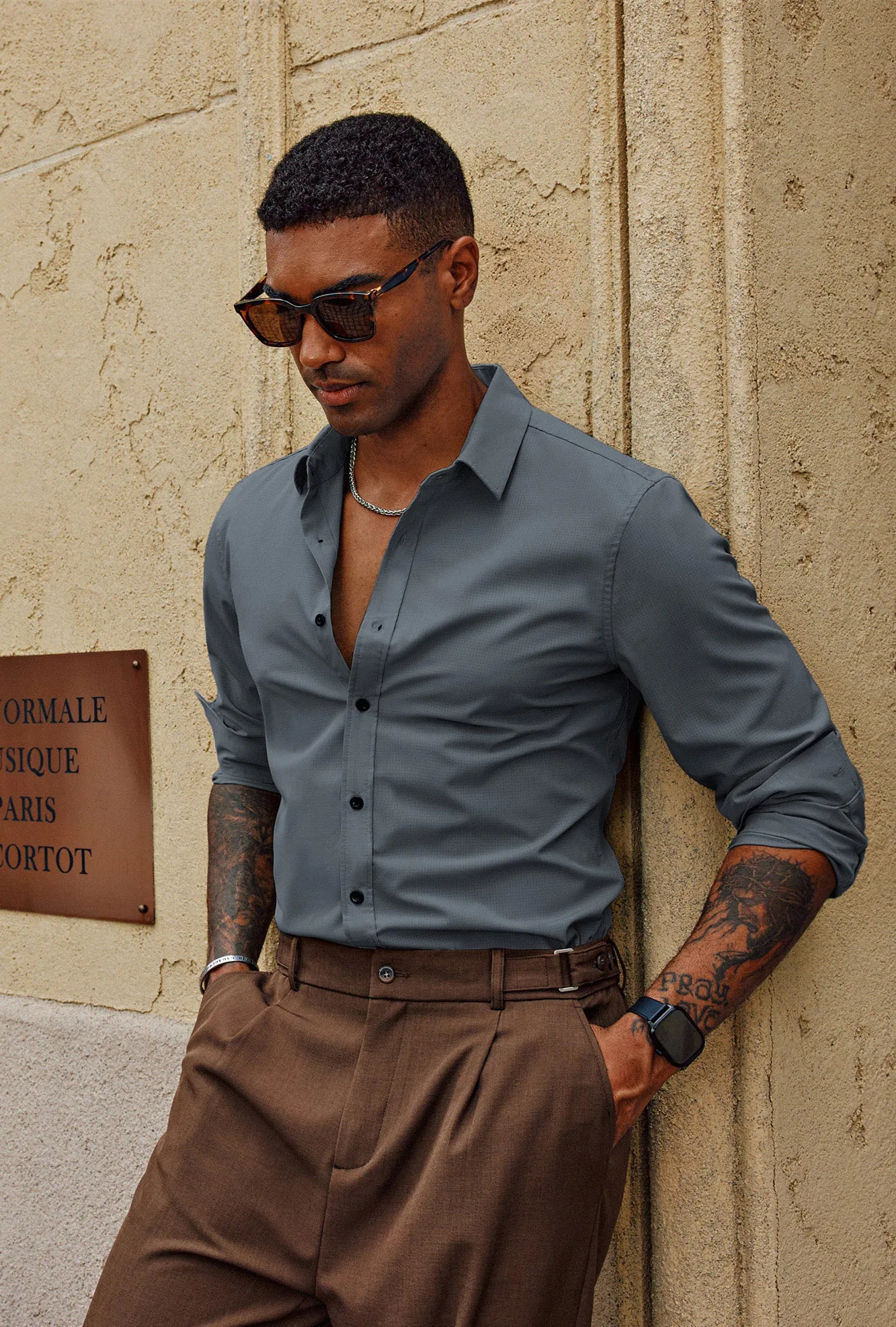 Men Stylish Shirt Long Sleeve Classic Collar Curved Hem Button-up Tops