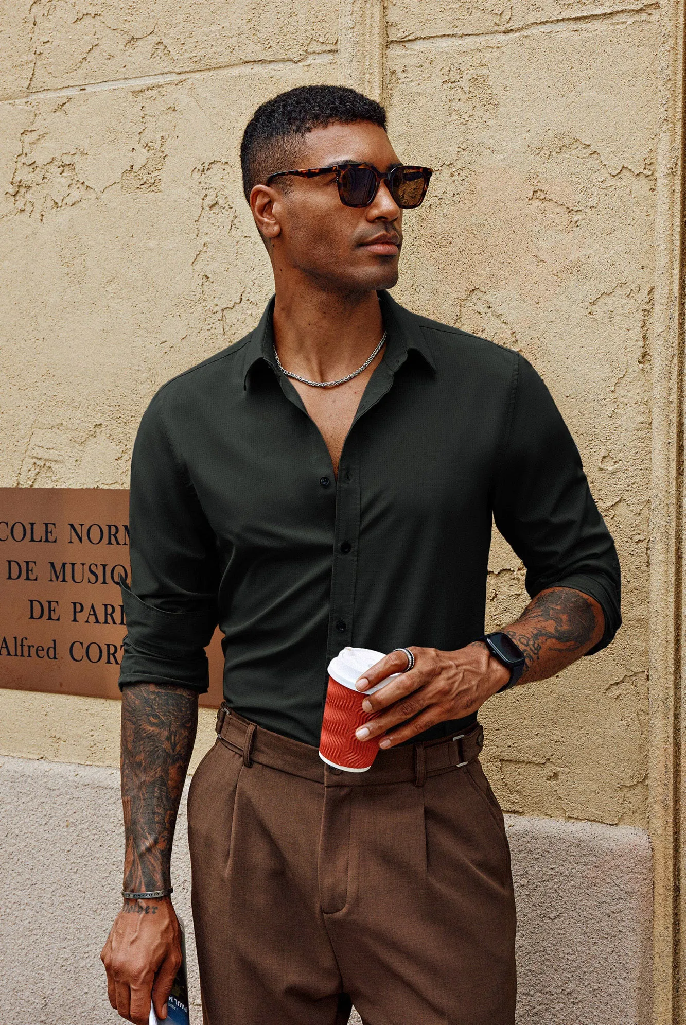 Men Stylish Shirt Long Sleeve Classic Collar Curved Hem Button-up Tops