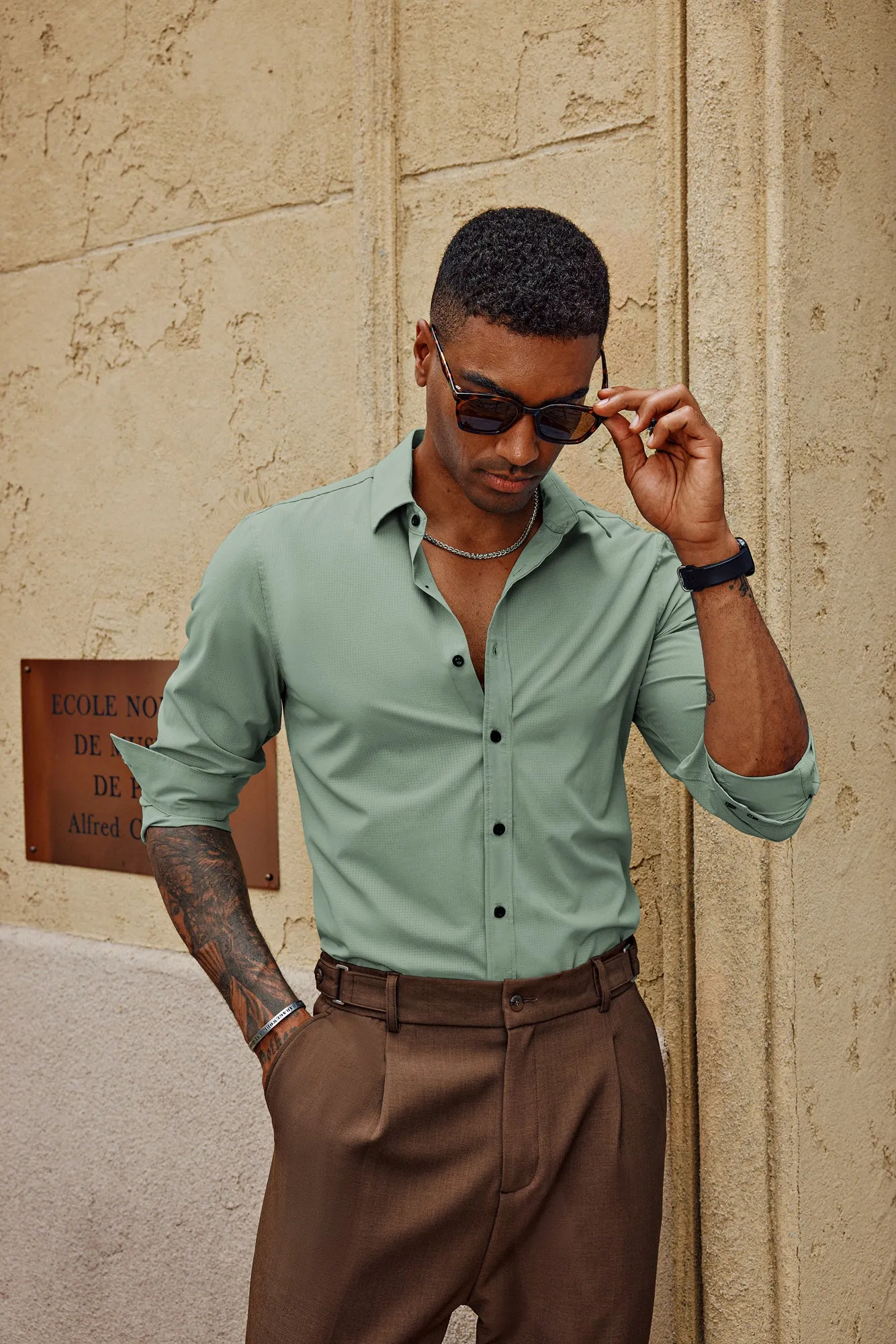 Men Stylish Shirt Long Sleeve Classic Collar Curved Hem Button-up Tops