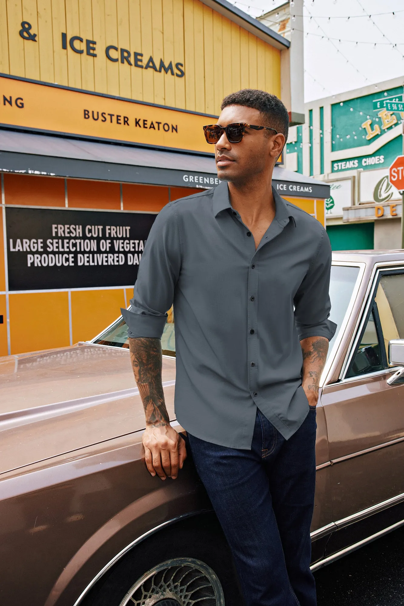 Men Stylish Shirt Long Sleeve Classic Collar Curved Hem Button-up Tops