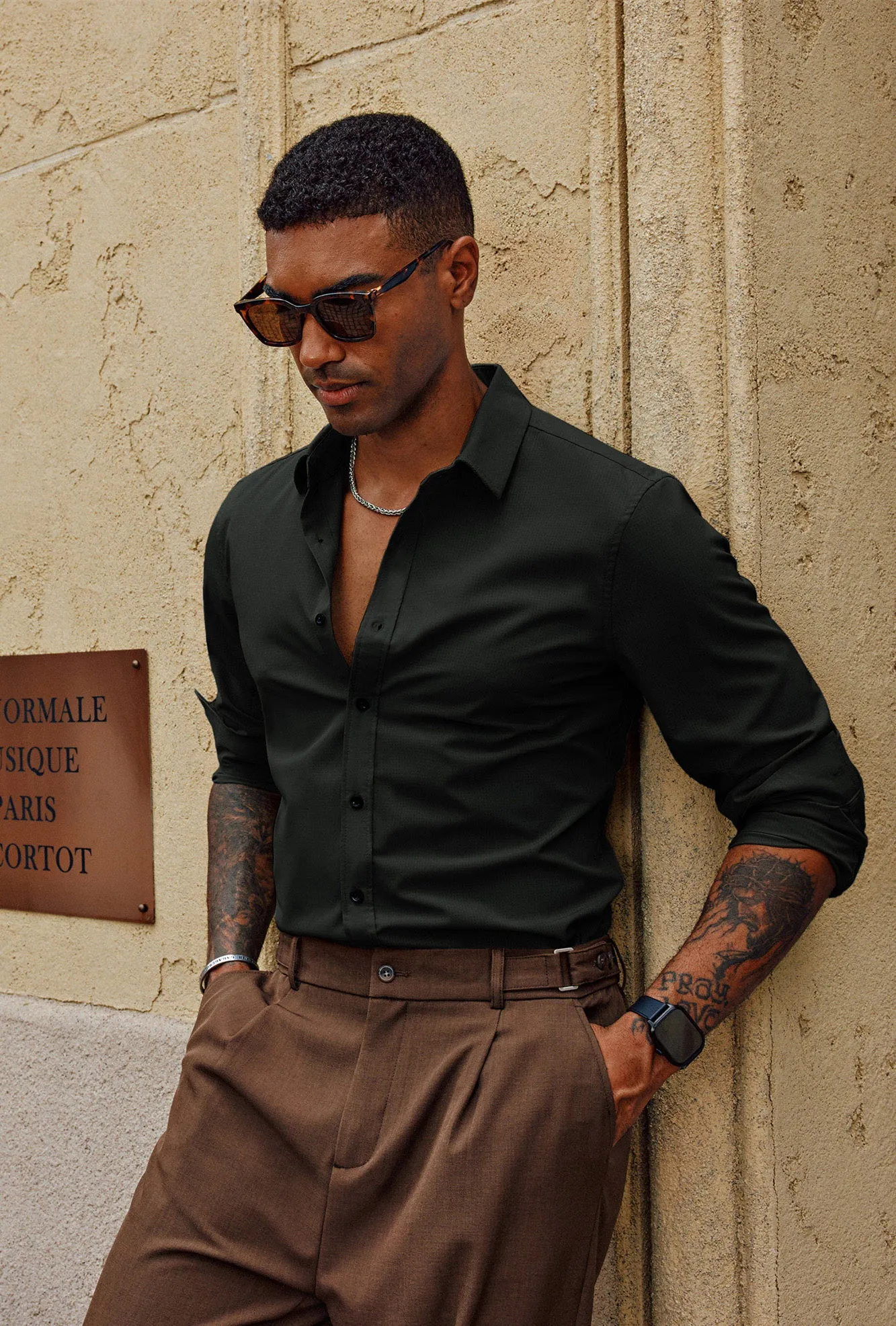 Men Stylish Shirt Long Sleeve Classic Collar Curved Hem Button-up Tops