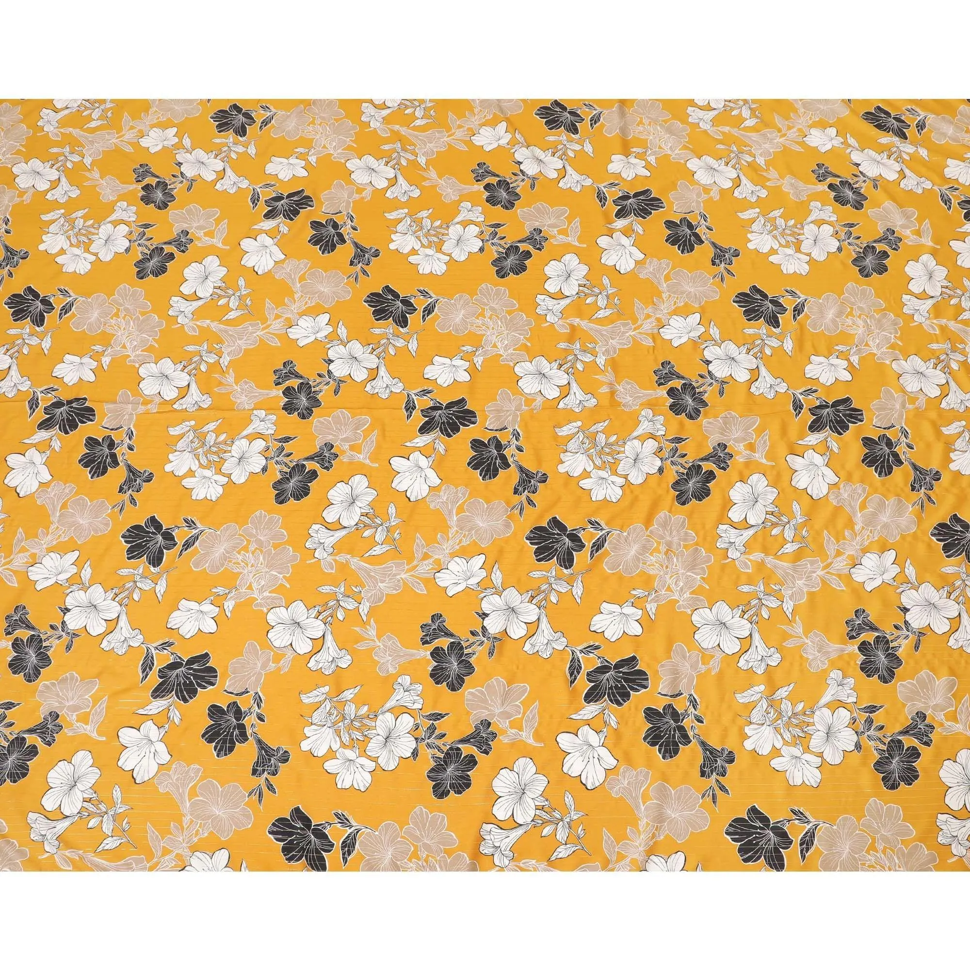 Mustard yellow Italian viscose fabric with black, pale brown and off white print having golden metallic lurex stripe in floral design-D7904