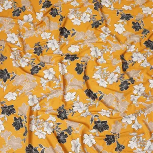 Mustard yellow Italian viscose fabric with black, pale brown and off white print having golden metallic lurex stripe in floral design-D7904