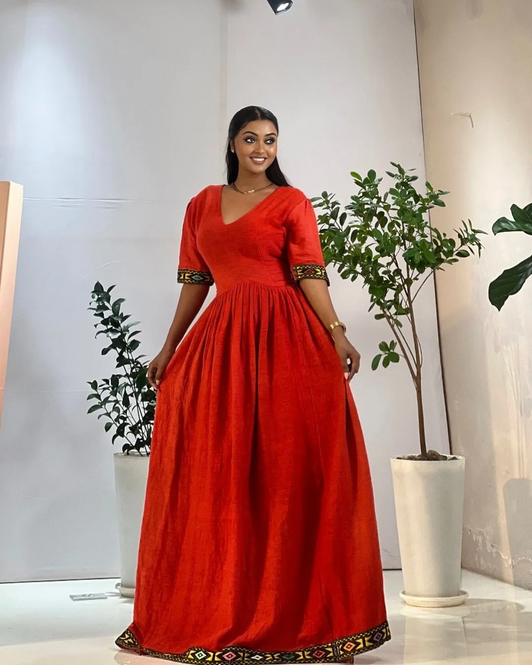 Polished Look with Red Traditional Ethiopian Dress: Short Sleeved Modern Habesha Dress Elegant Habesha Kemis