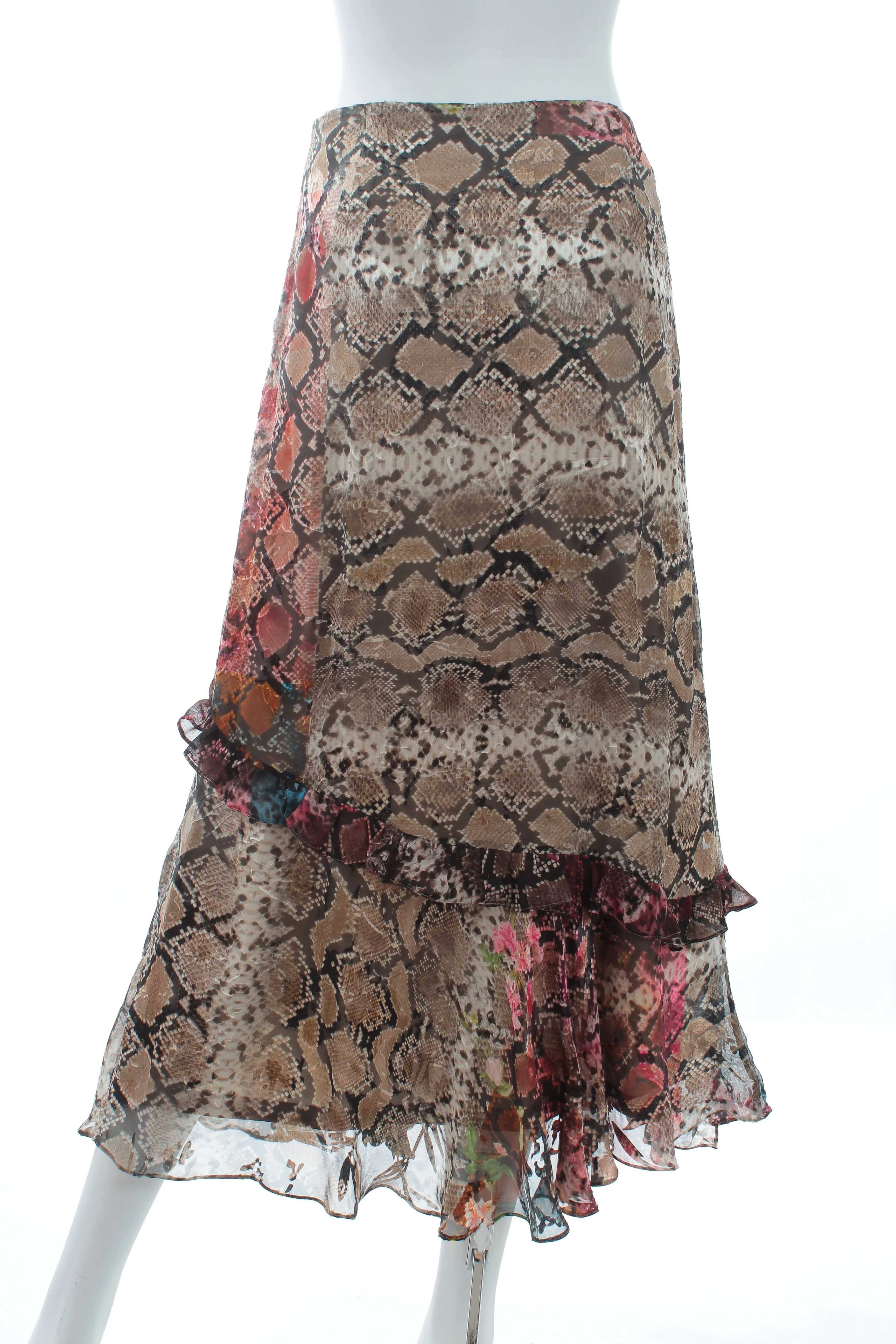 Preen by Thornton Bregazzi Ruffled Snakeskin Printed Silk-Blend Skirt