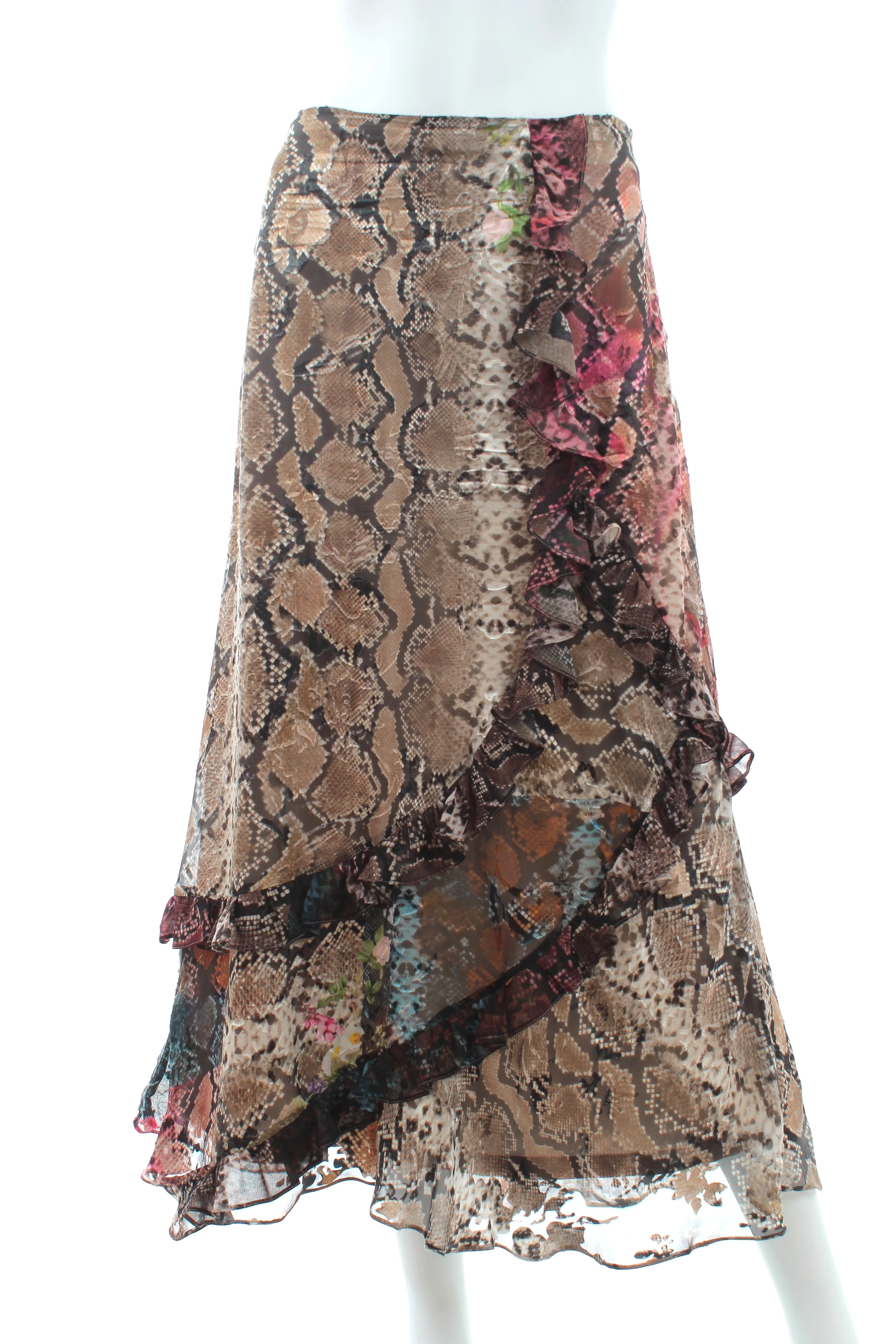 Preen by Thornton Bregazzi Ruffled Snakeskin Printed Silk-Blend Skirt