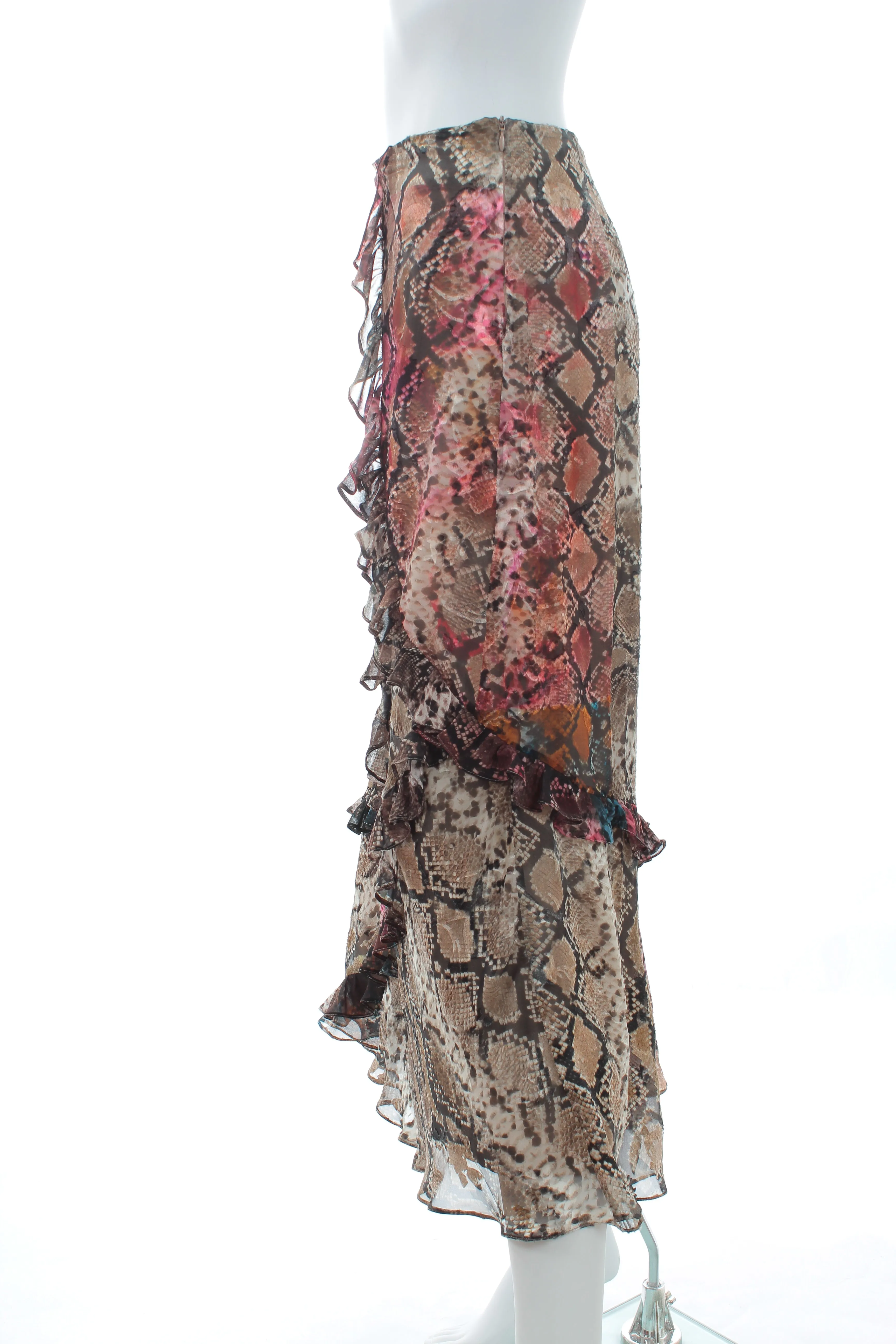 Preen by Thornton Bregazzi Ruffled Snakeskin Printed Silk-Blend Skirt