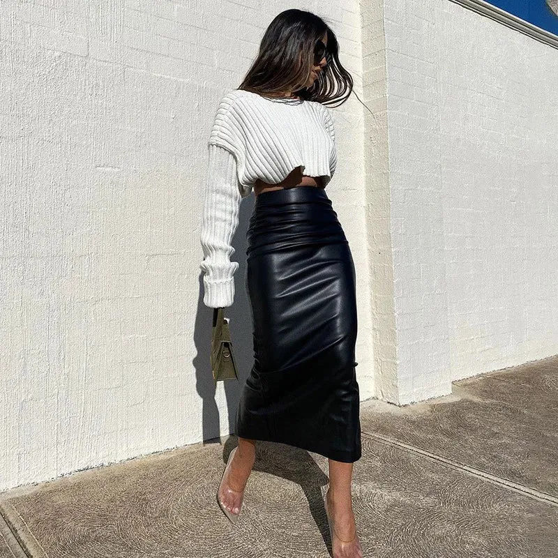 PU Leather Long Pencil Skirt