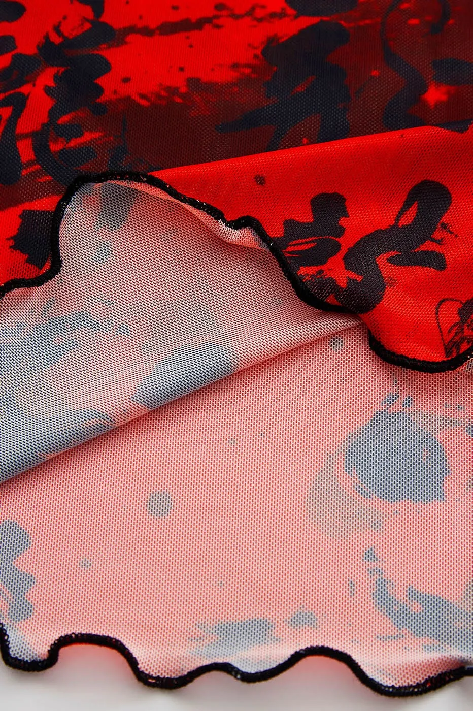 Red Chinese Calligraphy Print Turtleneck Mesh Top