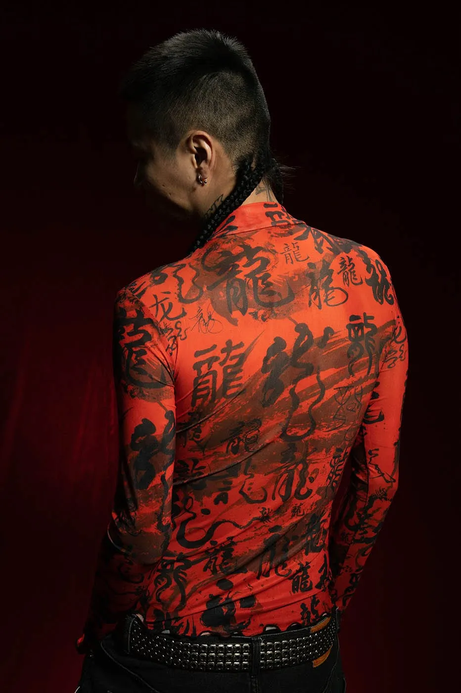 Red Chinese Calligraphy Print Turtleneck Mesh Top