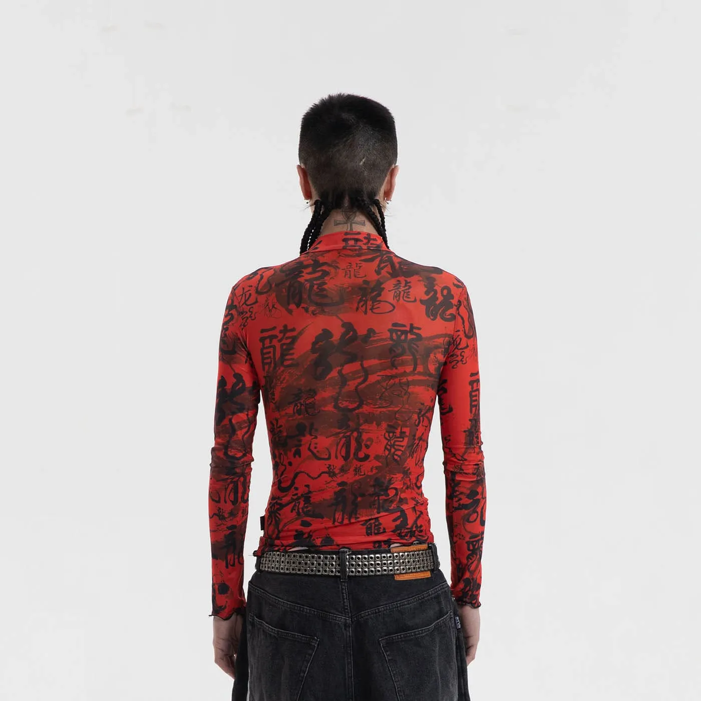 Red Chinese Calligraphy Print Turtleneck Mesh Top