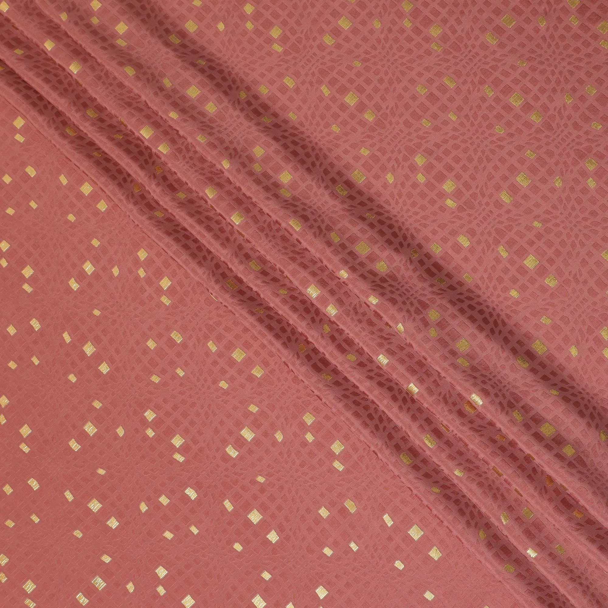 Rosy brown crepe silk fabric with gold and similar color jacquard in abstract design-D15761