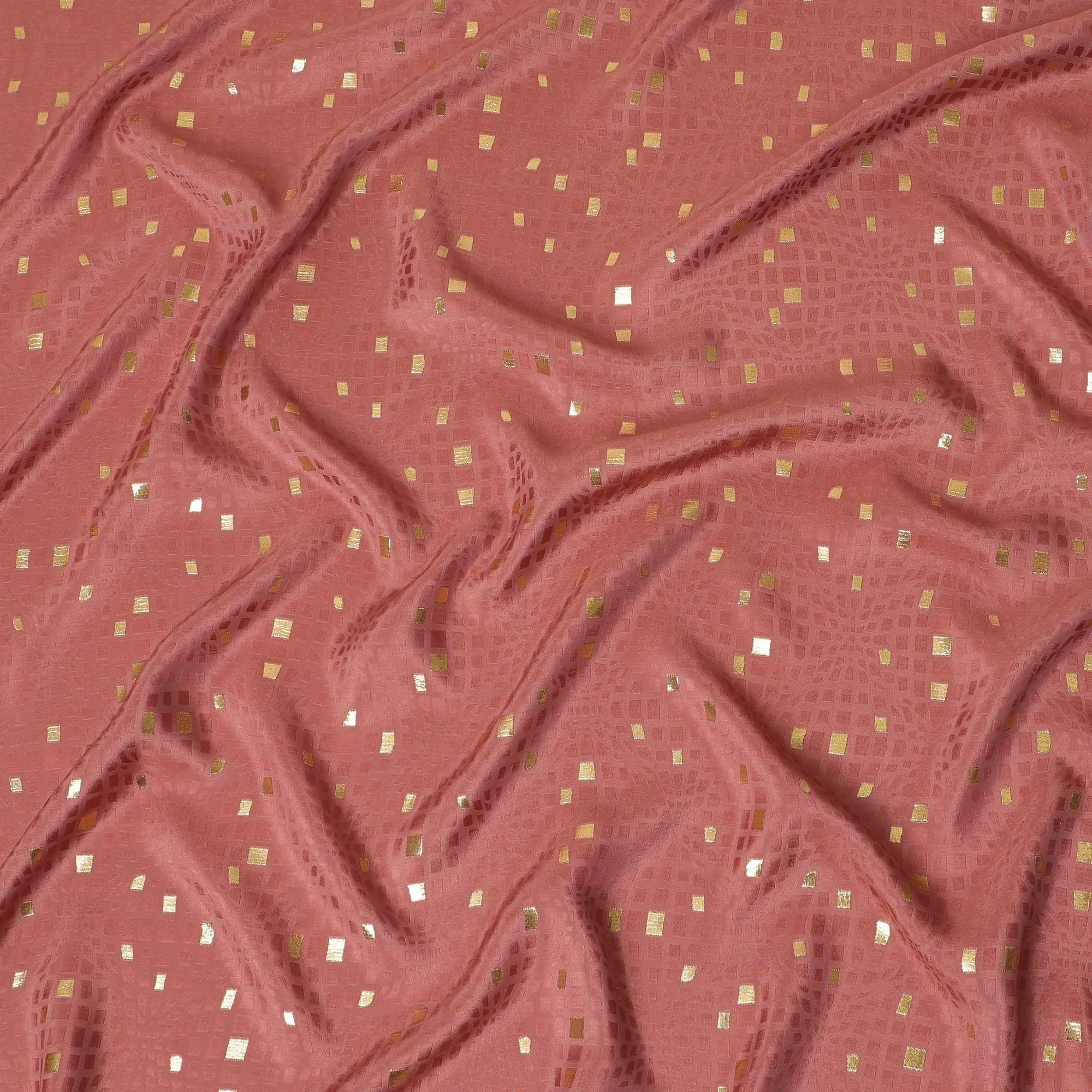 Rosy brown crepe silk fabric with gold and similar color jacquard in abstract design-D15761