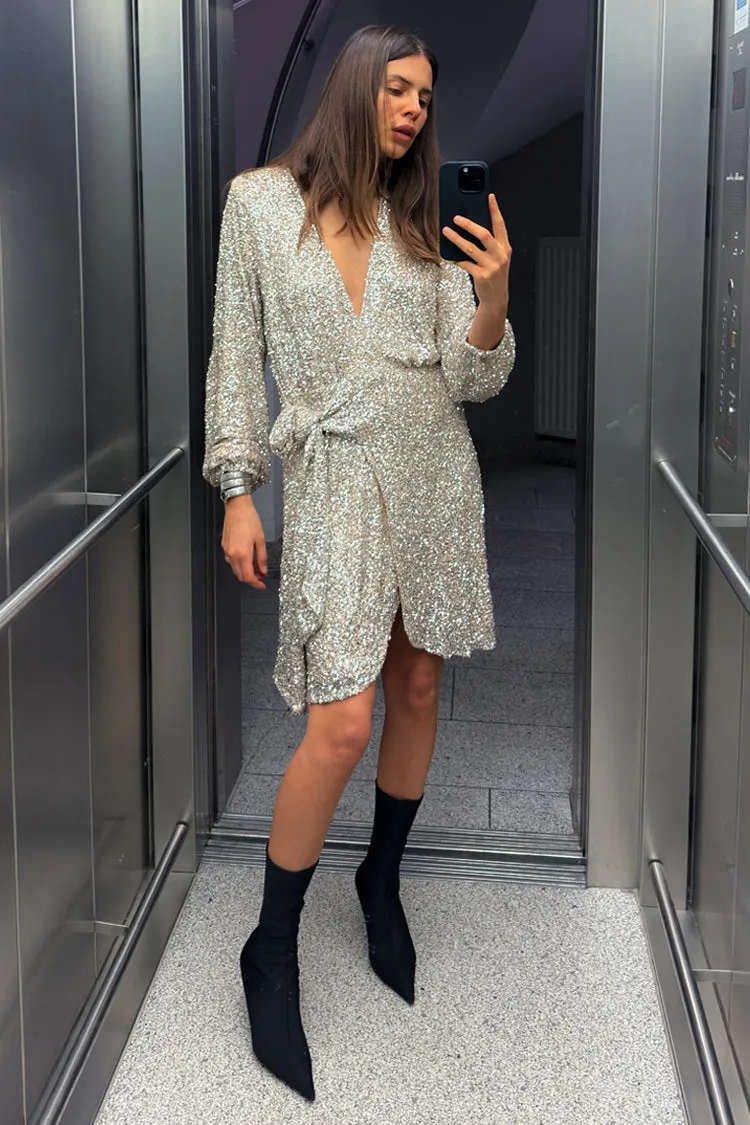 Silver Sequin Mini Vienna Wrap Dress