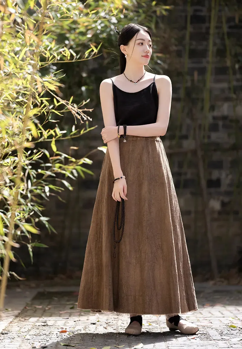 Swing Skirt Linen Maxi Skirt with Retro Pleats and Pockets