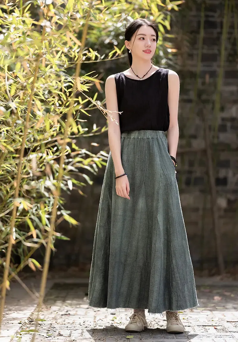 Swing Skirt Linen Maxi Skirt with Retro Pleats and Pockets
