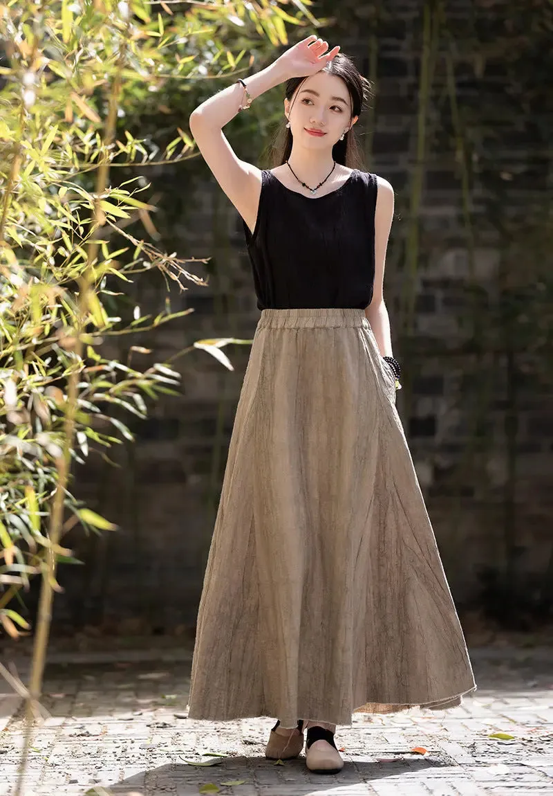 Swing Skirt Linen Maxi Skirt with Retro Pleats and Pockets