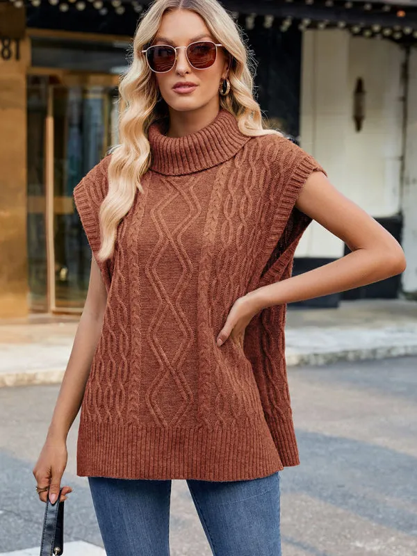 Trendy Cable Knit Turtleneck Vest with Side Slits