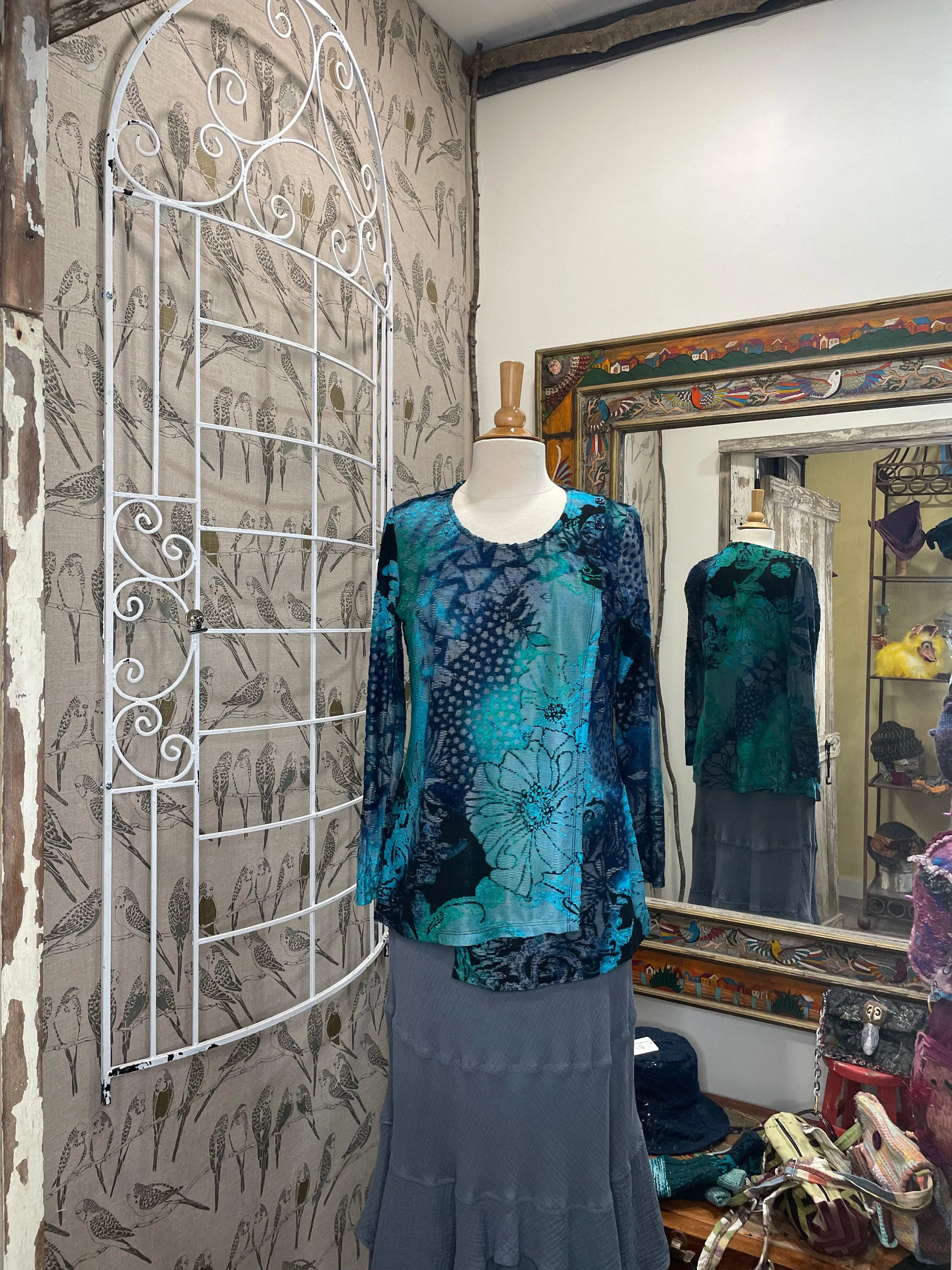 Turquoise Floral Burnout Style Top by Variations V7760