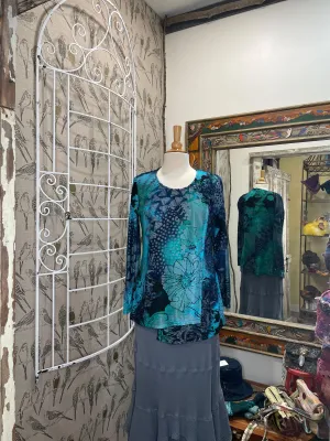 Turquoise Floral Burnout Style Top by Variations V7760