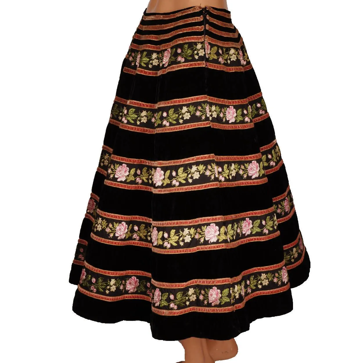 Vintage 1950s Pierre Balmain Velvet Circle Skirt with Rose Pattern Velvet Ribbon
