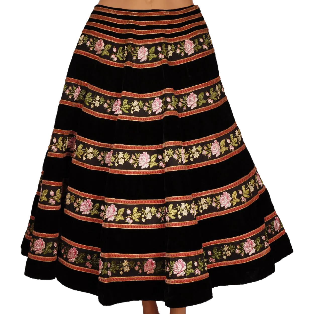 Vintage 1950s Pierre Balmain Velvet Circle Skirt with Rose Pattern Velvet Ribbon