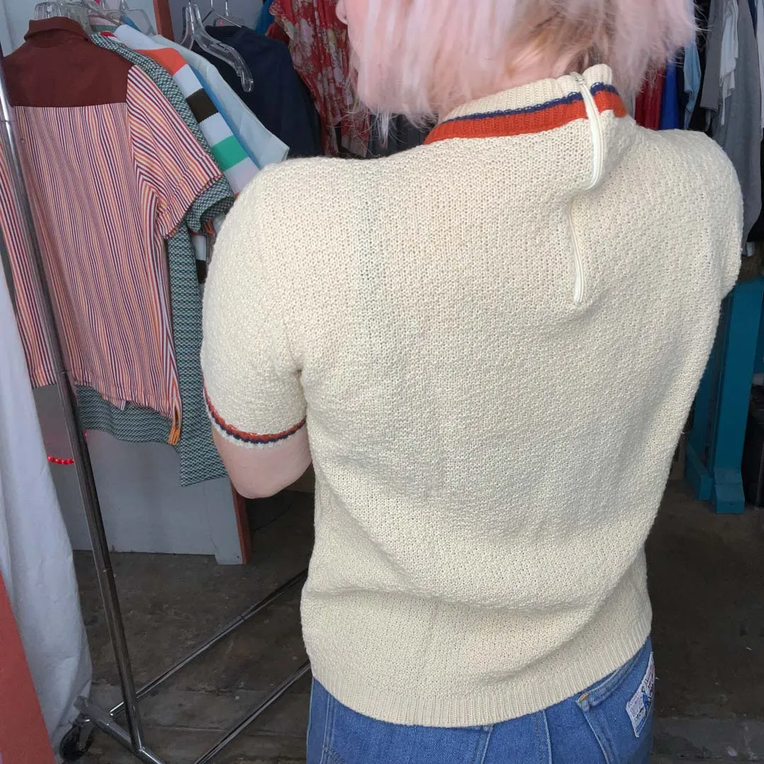 Vintage 60s 70s | Tan Orange Navy Stripe Mod Cropped Turtleneck Knit Top | L
