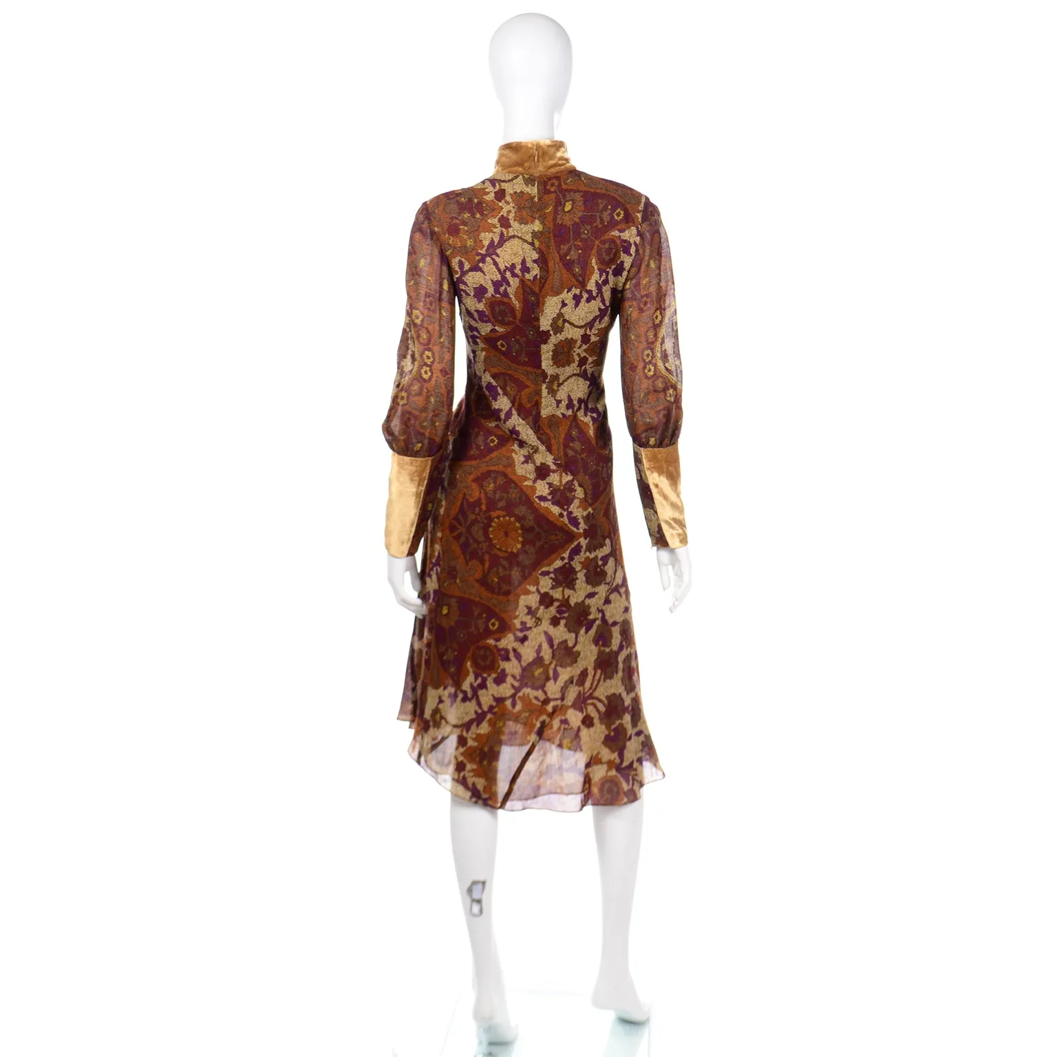 Vintage Kenzo Botanical Print Dress w/ Sheer Bishop Sleeves & Velvet Trim