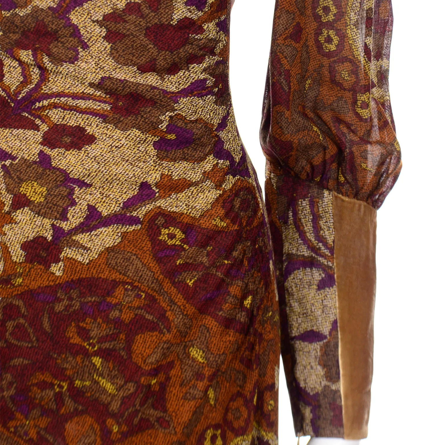 Vintage Kenzo Botanical Print Dress w/ Sheer Bishop Sleeves & Velvet Trim