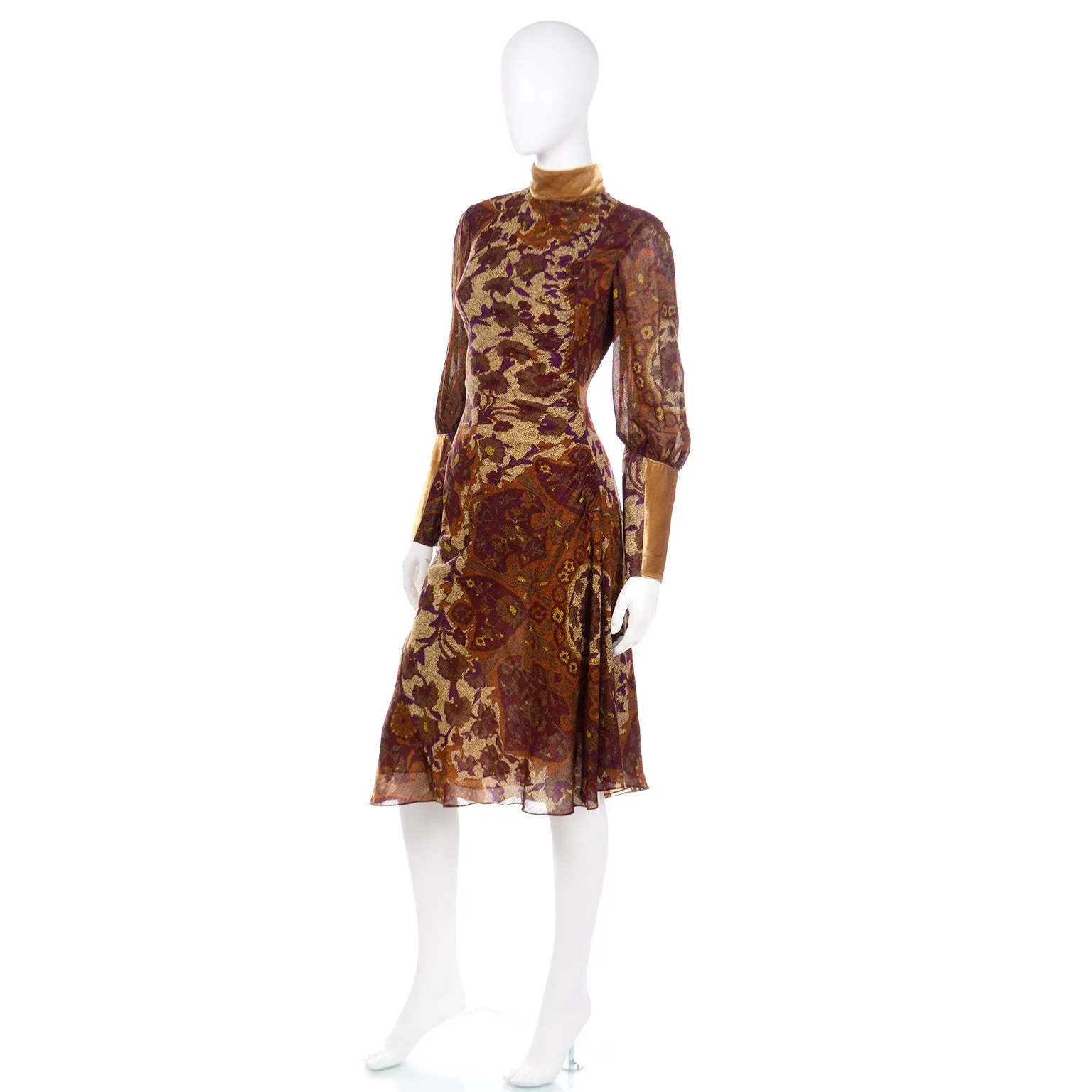 Vintage Kenzo Botanical Print Dress w/ Sheer Bishop Sleeves & Velvet Trim