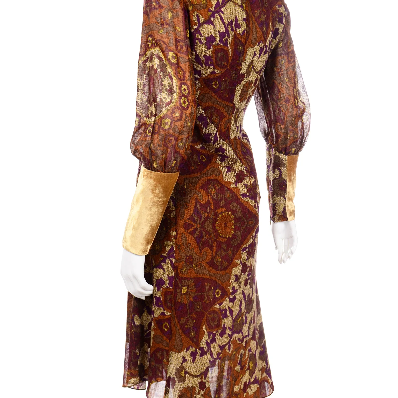 Vintage Kenzo Botanical Print Dress w/ Sheer Bishop Sleeves & Velvet Trim