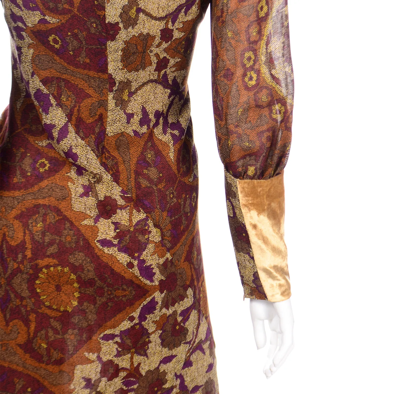 Vintage Kenzo Botanical Print Dress w/ Sheer Bishop Sleeves & Velvet Trim