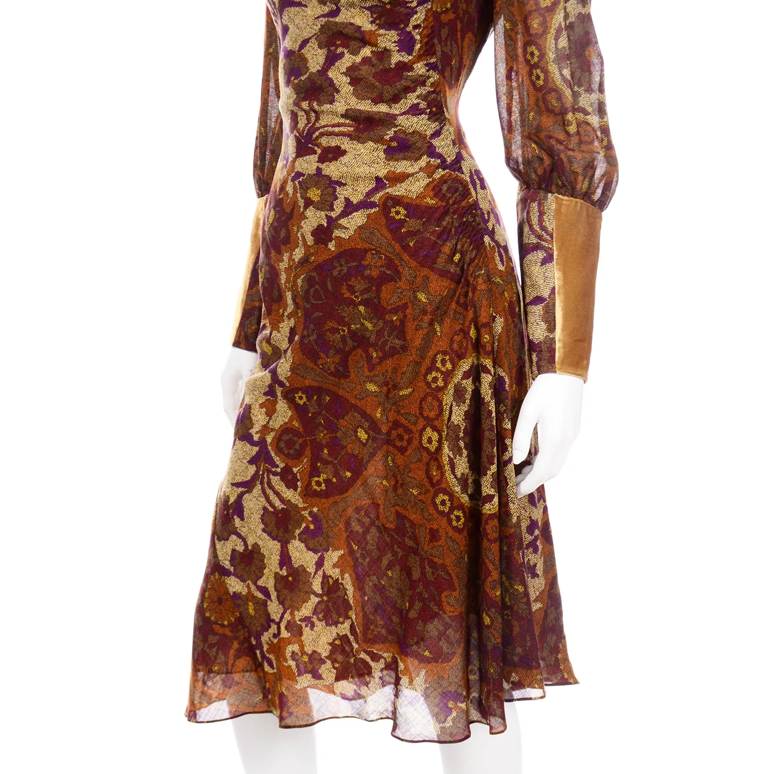 Vintage Kenzo Botanical Print Dress w/ Sheer Bishop Sleeves & Velvet Trim