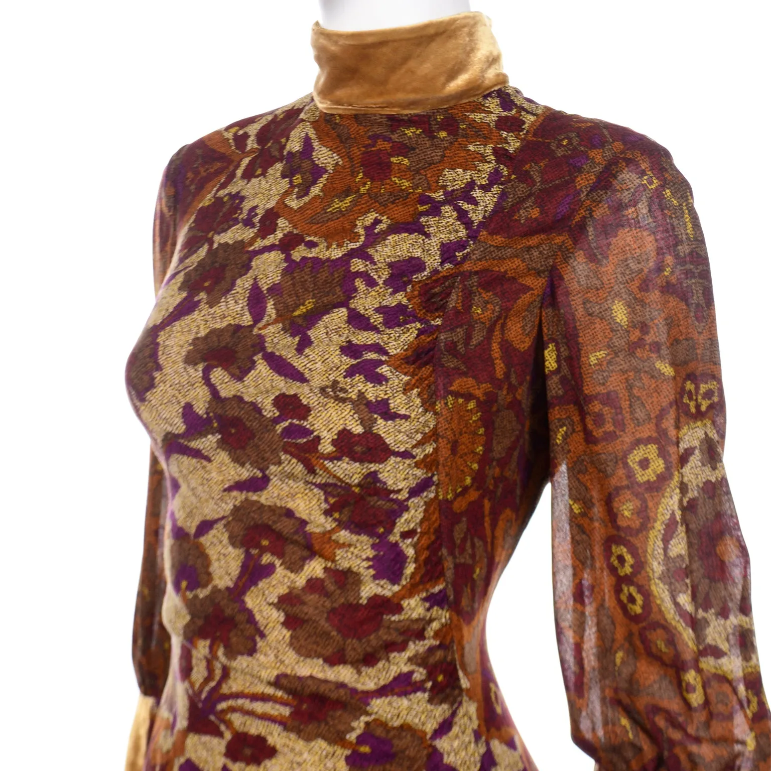 Vintage Kenzo Botanical Print Dress w/ Sheer Bishop Sleeves & Velvet Trim