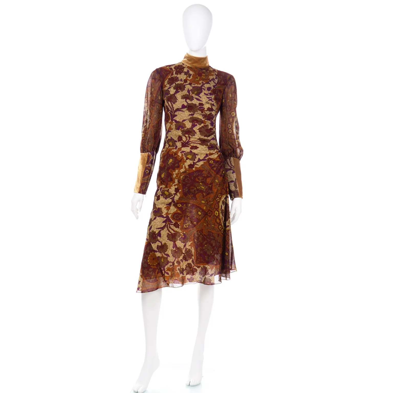 Vintage Kenzo Botanical Print Dress w/ Sheer Bishop Sleeves & Velvet Trim