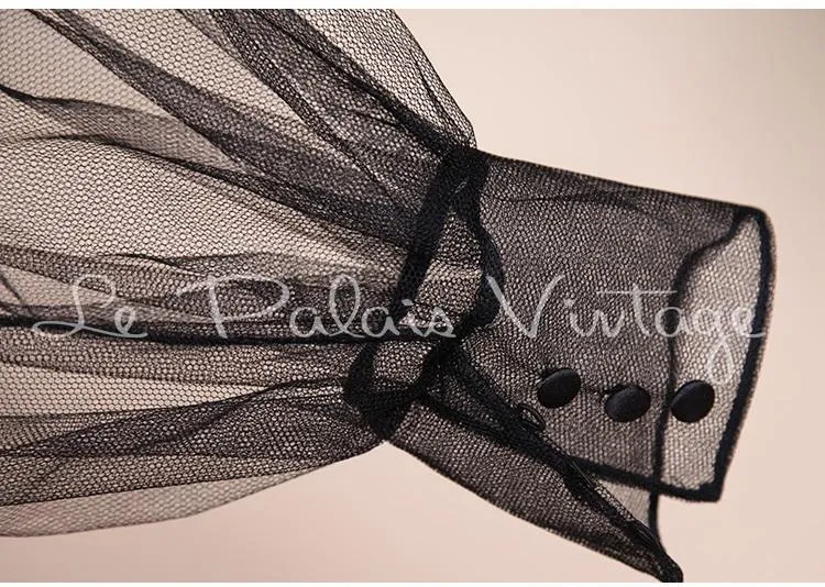 Vintage Retro One shoulder sheer sleeve pinup bustier satin slit lbd black cocktail dress- Bri