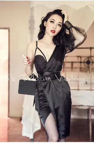 Vintage Retro One shoulder sheer sleeve pinup bustier satin slit lbd black cocktail dress- Bri